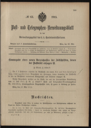 Post- und Telegraphen-Verordnungsblatt für das Verwaltungsgebiet des K.-K. Handelsministeriums 19150520 Seite: 1