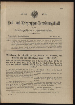 Post- und Telegraphen-Verordnungsblatt für das Verwaltungsgebiet des K.-K. Handelsministeriums 19150522 Seite: 1