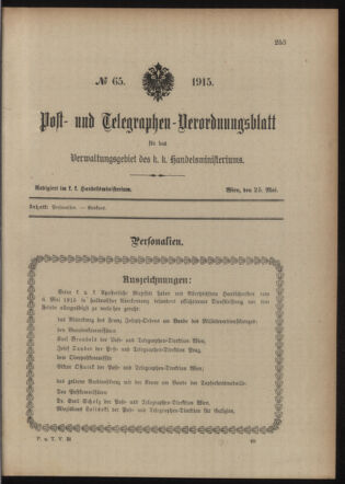 Post- und Telegraphen-Verordnungsblatt für das Verwaltungsgebiet des K.-K. Handelsministeriums 19150525 Seite: 1