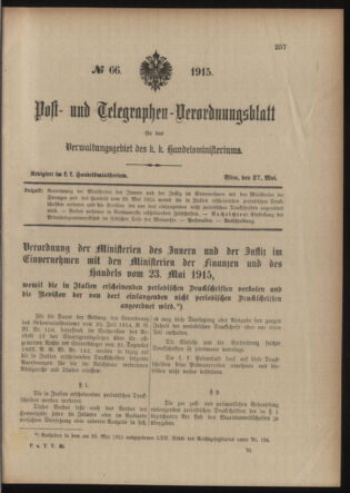 Post- und Telegraphen-Verordnungsblatt für das Verwaltungsgebiet des K.-K. Handelsministeriums 19150527 Seite: 1