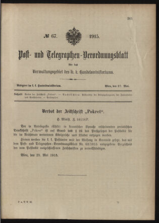 Post- und Telegraphen-Verordnungsblatt für das Verwaltungsgebiet des K.-K. Handelsministeriums 19150527 Seite: 5