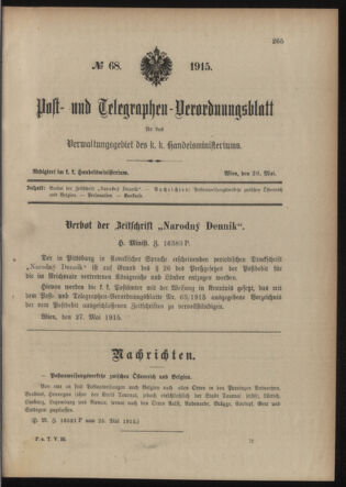 Post- und Telegraphen-Verordnungsblatt für das Verwaltungsgebiet des K.-K. Handelsministeriums 19150529 Seite: 1