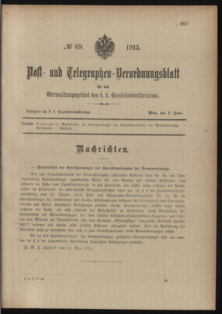 Post- und Telegraphen-Verordnungsblatt für das Verwaltungsgebiet des K.-K. Handelsministeriums 19150602 Seite: 1