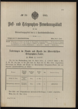 Post- und Telegraphen-Verordnungsblatt für das Verwaltungsgebiet des K.-K. Handelsministeriums 19150605 Seite: 1