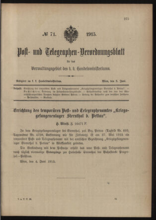 Post- und Telegraphen-Verordnungsblatt für das Verwaltungsgebiet des K.-K. Handelsministeriums 19150608 Seite: 1