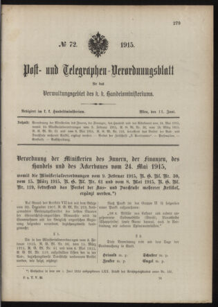 Post- und Telegraphen-Verordnungsblatt für das Verwaltungsgebiet des K.-K. Handelsministeriums 19150611 Seite: 1