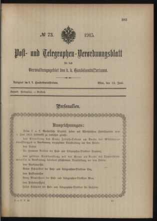 Post- und Telegraphen-Verordnungsblatt für das Verwaltungsgebiet des K.-K. Handelsministeriums 19150616 Seite: 1