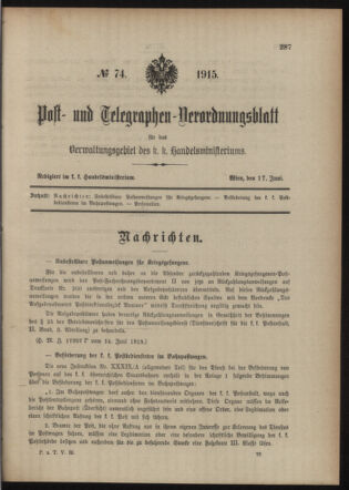 Post- und Telegraphen-Verordnungsblatt für das Verwaltungsgebiet des K.-K. Handelsministeriums 19150617 Seite: 1