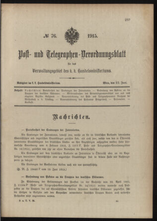 Post- und Telegraphen-Verordnungsblatt für das Verwaltungsgebiet des K.-K. Handelsministeriums 19150623 Seite: 1