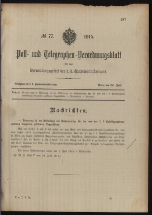 Post- und Telegraphen-Verordnungsblatt für das Verwaltungsgebiet des K.-K. Handelsministeriums 19150626 Seite: 1