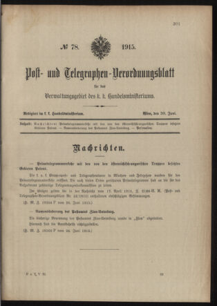 Post- und Telegraphen-Verordnungsblatt für das Verwaltungsgebiet des K.-K. Handelsministeriums 19150630 Seite: 1