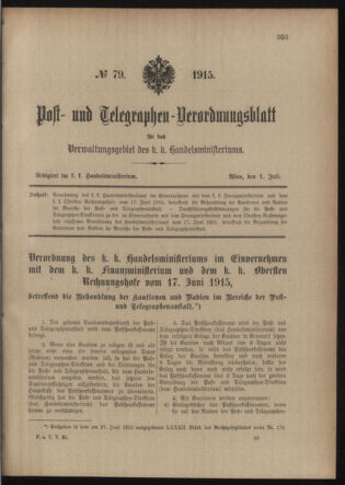 Post- und Telegraphen-Verordnungsblatt für das Verwaltungsgebiet des K.-K. Handelsministeriums 19150701 Seite: 1