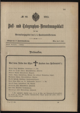 Post- und Telegraphen-Verordnungsblatt für das Verwaltungsgebiet des K.-K. Handelsministeriums 19150702 Seite: 1