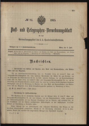 Post- und Telegraphen-Verordnungsblatt für das Verwaltungsgebiet des K.-K. Handelsministeriums 19150705 Seite: 1