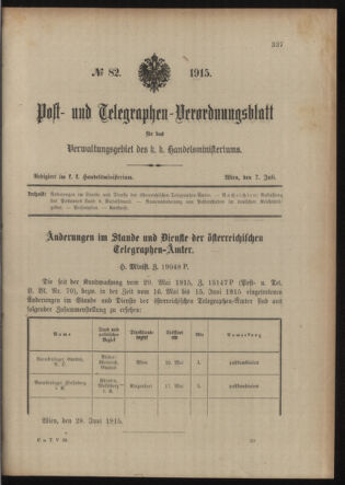 Post- und Telegraphen-Verordnungsblatt für das Verwaltungsgebiet des K.-K. Handelsministeriums 19150707 Seite: 1