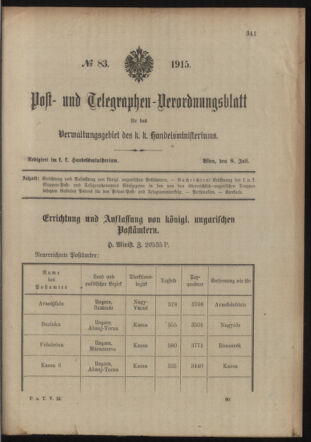 Post- und Telegraphen-Verordnungsblatt für das Verwaltungsgebiet des K.-K. Handelsministeriums 19150708 Seite: 1