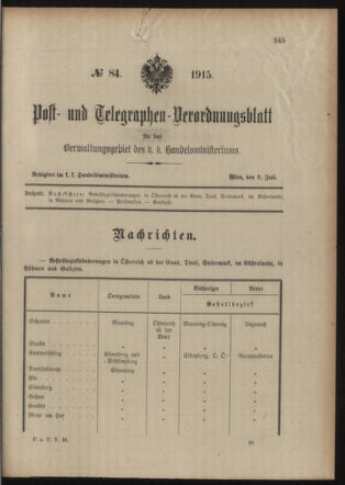 Post- und Telegraphen-Verordnungsblatt für das Verwaltungsgebiet des K.-K. Handelsministeriums 19150709 Seite: 1