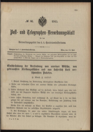 Post- und Telegraphen-Verordnungsblatt für das Verwaltungsgebiet des K.-K. Handelsministeriums 19150713 Seite: 1