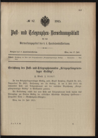 Post- und Telegraphen-Verordnungsblatt für das Verwaltungsgebiet des K.-K. Handelsministeriums 19150717 Seite: 1