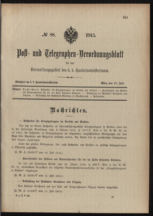 Post- und Telegraphen-Verordnungsblatt für das Verwaltungsgebiet des K.-K. Handelsministeriums 19150719 Seite: 1