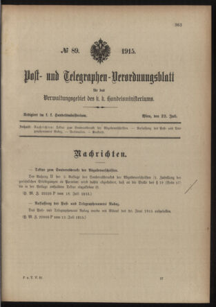 Post- und Telegraphen-Verordnungsblatt für das Verwaltungsgebiet des K.-K. Handelsministeriums 19150722 Seite: 1