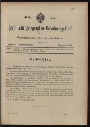 Post- und Telegraphen-Verordnungsblatt für das Verwaltungsgebiet des K.-K. Handelsministeriums 19150728 Seite: 1