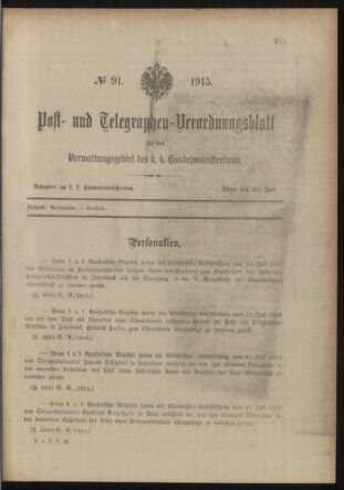 Post- und Telegraphen-Verordnungsblatt für das Verwaltungsgebiet des K.-K. Handelsministeriums 19150730 Seite: 1