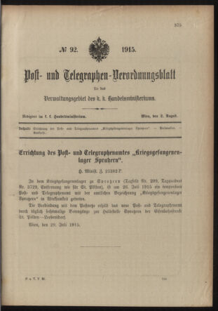 Post- und Telegraphen-Verordnungsblatt für das Verwaltungsgebiet des K.-K. Handelsministeriums 19150802 Seite: 1