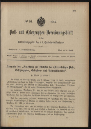 Post- und Telegraphen-Verordnungsblatt für das Verwaltungsgebiet des K.-K. Handelsministeriums 19150804 Seite: 1