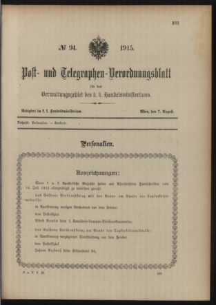 Post- und Telegraphen-Verordnungsblatt für das Verwaltungsgebiet des K.-K. Handelsministeriums 19150807 Seite: 1