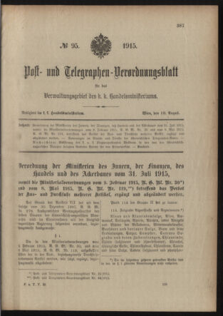 Post- und Telegraphen-Verordnungsblatt für das Verwaltungsgebiet des K.-K. Handelsministeriums 19150810 Seite: 1