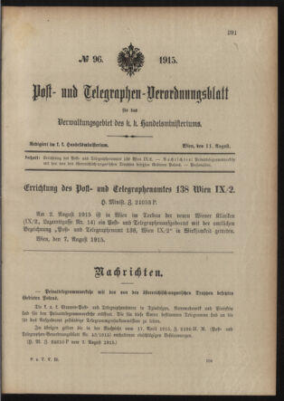 Post- und Telegraphen-Verordnungsblatt für das Verwaltungsgebiet des K.-K. Handelsministeriums 19150811 Seite: 1