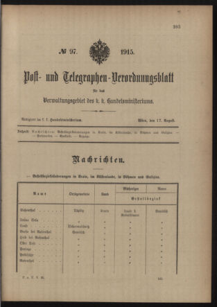 Post- und Telegraphen-Verordnungsblatt für das Verwaltungsgebiet des K.-K. Handelsministeriums 19150817 Seite: 1