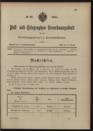 Post- und Telegraphen-Verordnungsblatt für das Verwaltungsgebiet des K.-K. Handelsministeriums 19150818 Seite: 1