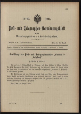 Post- und Telegraphen-Verordnungsblatt für das Verwaltungsgebiet des K.-K. Handelsministeriums 19150821 Seite: 1