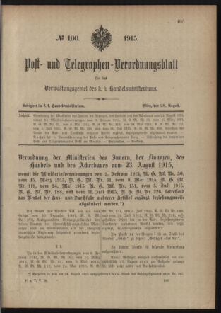 Post- und Telegraphen-Verordnungsblatt für das Verwaltungsgebiet des K.-K. Handelsministeriums 19150828 Seite: 1