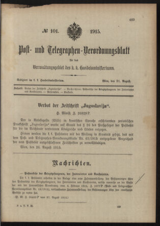 Post- und Telegraphen-Verordnungsblatt für das Verwaltungsgebiet des K.-K. Handelsministeriums 19150831 Seite: 1