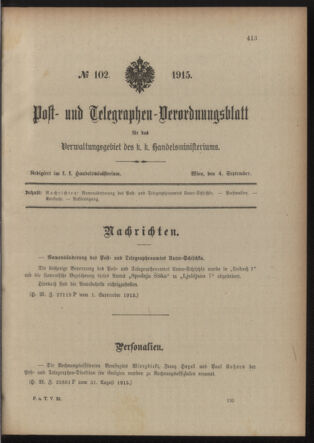 Post- und Telegraphen-Verordnungsblatt für das Verwaltungsgebiet des K.-K. Handelsministeriums 19150904 Seite: 1