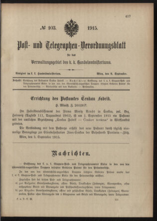 Post- und Telegraphen-Verordnungsblatt für das Verwaltungsgebiet des K.-K. Handelsministeriums 19150908 Seite: 1