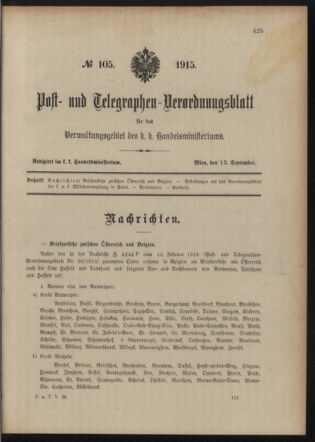 Post- und Telegraphen-Verordnungsblatt für das Verwaltungsgebiet des K.-K. Handelsministeriums 19150913 Seite: 1