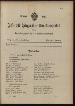 Post- und Telegraphen-Verordnungsblatt für das Verwaltungsgebiet des K.-K. Handelsministeriums 19150914 Seite: 1