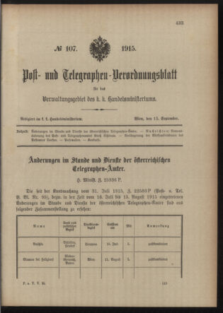 Post- und Telegraphen-Verordnungsblatt für das Verwaltungsgebiet des K.-K. Handelsministeriums 19150915 Seite: 1