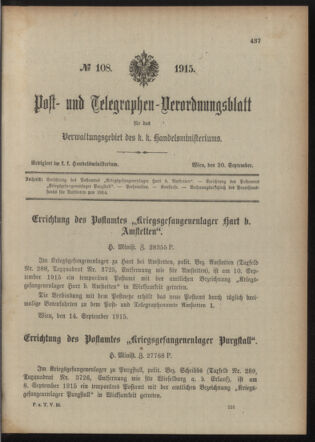 Post- und Telegraphen-Verordnungsblatt für das Verwaltungsgebiet des K.-K. Handelsministeriums 19150920 Seite: 1