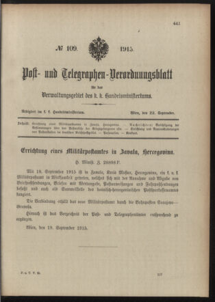 Post- und Telegraphen-Verordnungsblatt für das Verwaltungsgebiet des K.-K. Handelsministeriums 19150922 Seite: 1