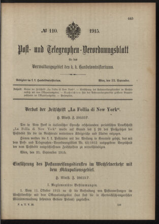 Post- und Telegraphen-Verordnungsblatt für das Verwaltungsgebiet des K.-K. Handelsministeriums 19150923 Seite: 1