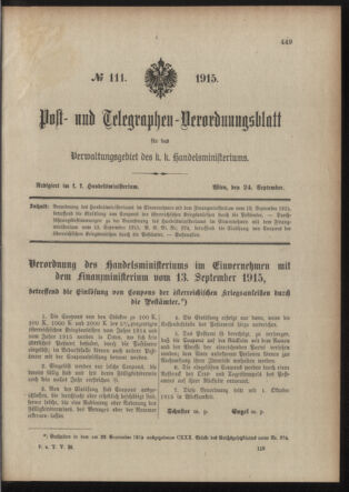 Post- und Telegraphen-Verordnungsblatt für das Verwaltungsgebiet des K.-K. Handelsministeriums 19150924 Seite: 1