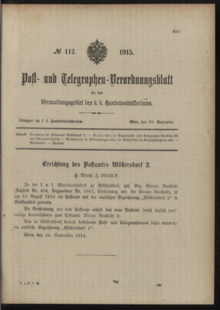 Post- und Telegraphen-Verordnungsblatt für das Verwaltungsgebiet des K.-K. Handelsministeriums 19150929 Seite: 1