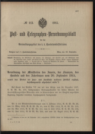 Post- und Telegraphen-Verordnungsblatt für das Verwaltungsgebiet des K.-K. Handelsministeriums 19150930 Seite: 1