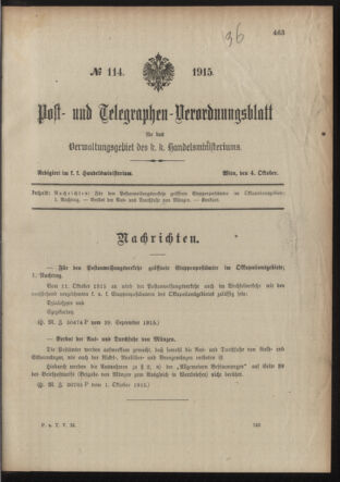 Post- und Telegraphen-Verordnungsblatt für das Verwaltungsgebiet des K.-K. Handelsministeriums 19151004 Seite: 1