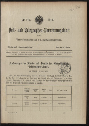 Post- und Telegraphen-Verordnungsblatt für das Verwaltungsgebiet des K.-K. Handelsministeriums 19151006 Seite: 1